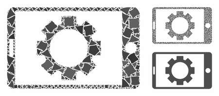 Mobile settings gear mosaic of pieces in different sizes and color tinges, based on mobile settings gear icon.のイラスト素材