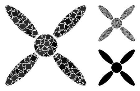 Aircraft propeller mosaic of rugged elements in different sizes and shades, based on aircraft propeller icon. Vector tuberous elements are grouped into collage.のイラスト素材