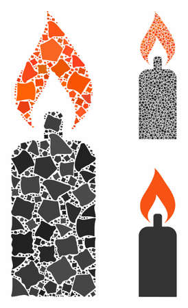 Candle mosaic of irregular pieces in various sizes and color tinges, based on candle icon. Vector irregular parts are grouped into mosaic. Candle icons collage with dotted pattern.のイラスト素材