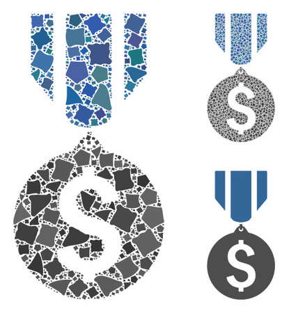 Dollar medal mosaic of abrupt parts in variable sizes and color tinges, based on dollar medal icon. bumpy parts are composed into collage. Dollar medal icons collage with dotted pattern.のイラスト素材