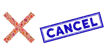 Mosaic cancel and rubber stamp seal with Cancel phrase. Mosaic cancel is composed with randomized rectangle items. Cancel stamp uses blue color.のイラスト素材