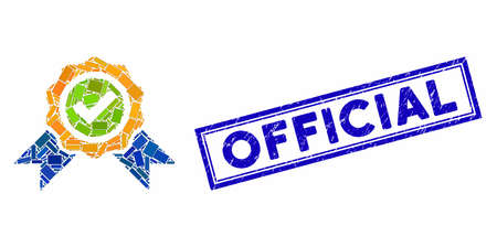 Collage official and rubber stamp seal with Official caption. Mosaic vector official is formed with random rectangles. Official stamp seal uses blue color.のイラスト素材