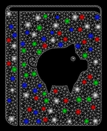 Bright mesh pig handbook with glare effect. White wire frame polygonal mesh in vector format on a black background. Abstract 2d mesh designed with polygonal grid, points, colored light spots.のイラスト素材