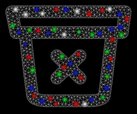 Bright mesh remove data with lightspot effect. White wire carcass triangular mesh in vector format on a black background. Abstract 2d mesh designed with triangular lines, dots, colored glare spots.のイラスト素材