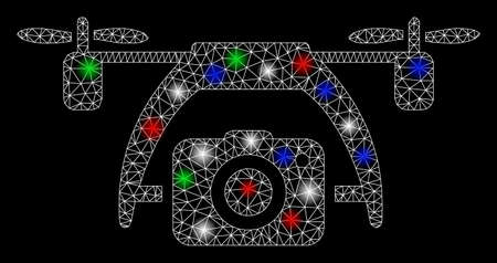Bright mesh photo drone with lightspot effect. White wire frame polygonal mesh in vector format on a black background. Abstract 2d mesh designed with triangles, points, colored flare spots.のイラスト素材