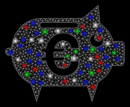 Bright mesh Euro piggy bank with glow effect. White wire carcass triangular mesh in vector format on a black background. Abstract 2d mesh designed with triangular lines, spheric points,のイラスト素材