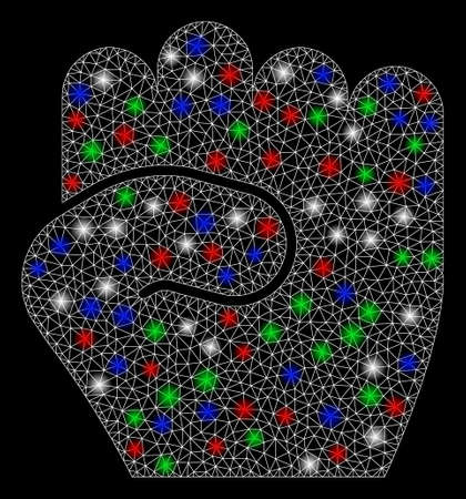 Bright mesh fist with glare effect. White wire frame triangular mesh in vector format on a black background. Abstract 2d mesh designed with triangles, small circle, colored flash spots.のイラスト素材