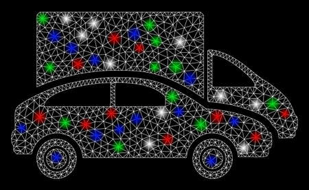 Bright mesh cars with glare effect. White wire frame polygonal network in vector format on a black background. Abstract 2d mesh designed with triangular lines, spheric points, colorful glare spots.のイラスト素材