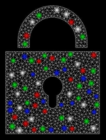 Bright mesh lock with glare effect. White wire carcass polygonal mesh in vector format on a black background. Abstract 2d mesh designed with polygonal grid, round dots, colored light spots.のイラスト素材