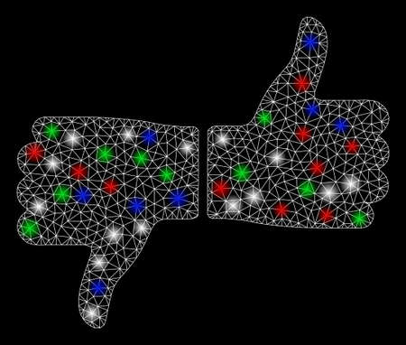 Bright mesh vote thumbs with glow effect. White wire frame triangular network in vector format on a black background. Abstract 2d mesh designed with triangular lines, round dots, colored flare spots.のイラスト素材