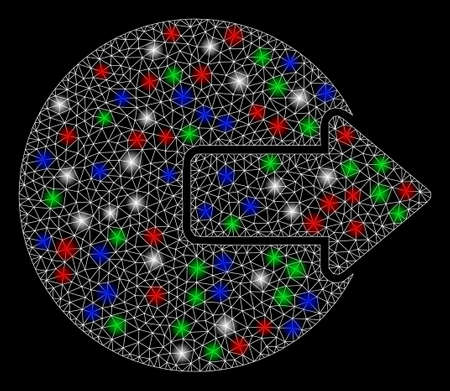 Bright mesh logout with lightspot effect. White wire frame polygonal mesh in vector format on a black background. Abstract 2d mesh designed with polygonal grid, points, colorful flare spots.のイラスト素材