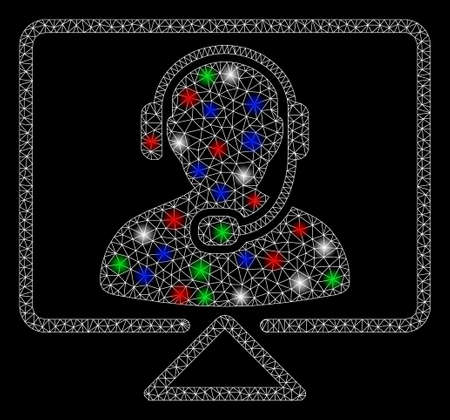 Bright mesh online support with glow effect. White wire frame triangular mesh in vector format on a black background. Abstract 2d mesh designed with triangular lines, spheric points,のイラスト素材