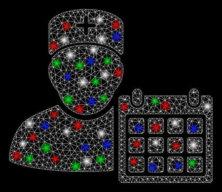 Bright mesh doctor calendar with glare effect. White wire carcass polygonal mesh in vector format on a black background. Abstract 2d mesh designed with polygonal grid, points, colored flare spots.のイラスト素材