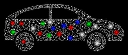 Bright mesh hatchback with lightspot effect. White wire frame polygonal mesh in vector format on a black background. Abstract 2d mesh created from triangular lines, round dots, colored glare spots.のイラスト素材