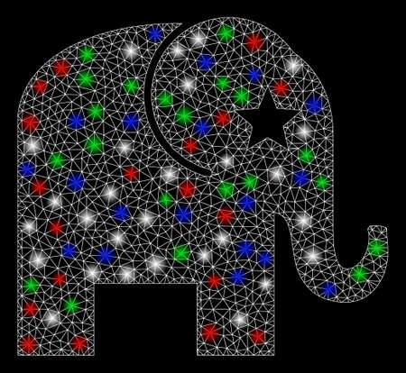 Bright mesh elephant with lightspot effect. White wire carcass triangular mesh in vector format on a black background. Abstract 2d mesh designed with triangular lines, round dots, colored flash spots.のイラスト素材