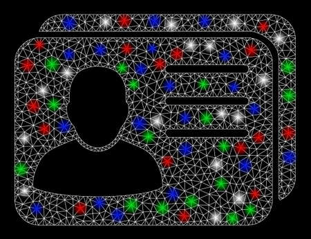 Bright mesh account cards with glare effect. White wire carcass triangular network in vector format on a black background. Abstract 2d mesh built from triangular lines, round dots,のイラスト素材