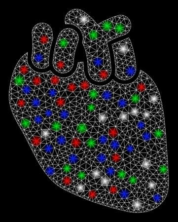 Bright mesh heart organ with lightspot effect. White wire carcass triangular mesh in vector format on a black background. Abstract 2d mesh designed with triangles, spheric points, colored glare spots.のイラスト素材