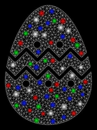 Bright mesh easter egg with glare effect. White wire frame triangular network in vector format on a black background. Abstract 2d mesh built from triangular lines, small circle, colorful glare spots.のイラスト素材
