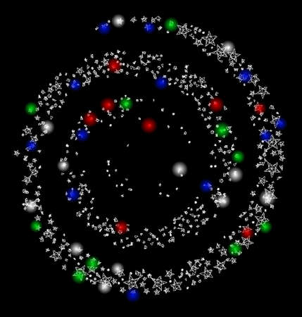 Bright mesh star fireworks spiral with glare effect. White wire carcass polygonal mesh in vector format on a black background. Abstract 2d mesh created from polygonal grid, spheric points,のイラスト素材