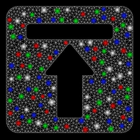 Bright mesh expand menu with glare effect. White wire frame triangular mesh in vector format on a black background. Abstract 2d mesh designed with polygonal grid, round dots, colored flash spots.のイラスト素材