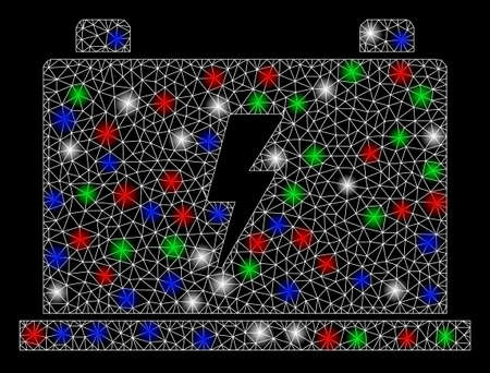 Bright mesh electric battery with glare effect. White wire frame triangular mesh in vector format on a black background. Abstract 2d mesh designed with triangular lines, dots, colorful glare spots.のイラスト素材