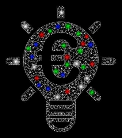 Bright mesh Euro innovation with glare effect. White wire frame polygonal mesh in vector format on a black background. Abstract 2d mesh designed with triangles, small circle, colored flash spots.のイラスト素材