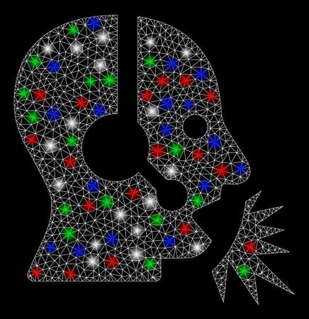 Bright mesh operator speech with lightspot effect. White wire frame polygonal network in vector format on a black background. Abstract 2d mesh designed with polygonal grid, points,のイラスト素材