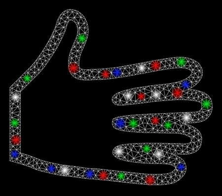 Bright mesh palm open fingers with glare effect. White wire carcass triangular mesh in vector format on a black background. Abstract 2d mesh designed with triangular lines, dots, colorful flare spots.のイラスト素材