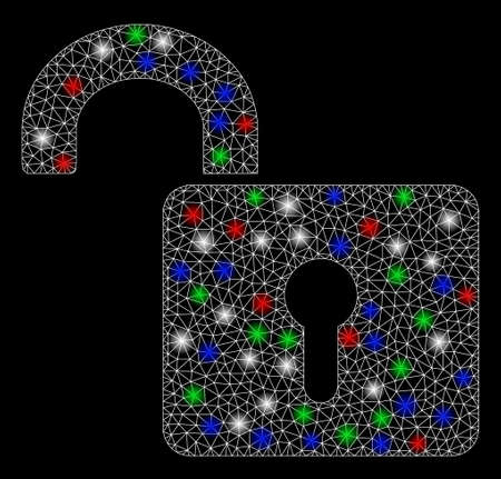 Bright mesh unlock with lightspot effect. White wire carcass triangular mesh in vector format on a black background. Abstract 2d mesh designed with polygonal grid, dots, colored flare spots.のイラスト素材