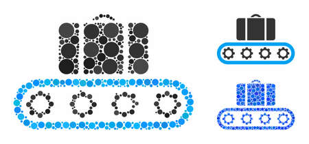 Baggage conveyor composition of round dots in variable sizes and color tints, based on baggage conveyor icon. Vector round dots are united into blue composition.のイラスト素材