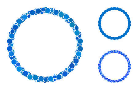 Certificate rosette frame mosaic of small circles in different sizes and color tints, based on certificate rosette frame icon. Vector small circles are composed into blue mosaic.のイラスト素材