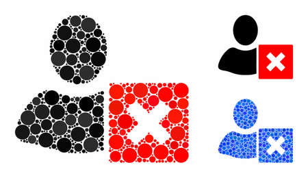 Close user mosaic of spheric dots in different sizes and color tinges, based on close user icon. Vector round dots are grouped into blue collage. Dotted close user icon in usual and blue versions.のイラスト素材