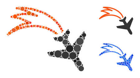 Falling airplane composition of filled circles in different sizes and color tinges, based on falling airplane icon. Vector filled circles are composed into blue composition.のイラスト素材