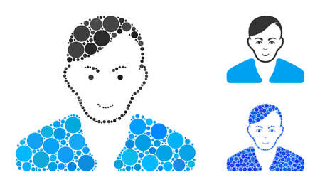 Guy composition of filled circles in various sizes and color tones, based on guy icon. Vector filled circles are combined into blue composition. Dotted guy icon in usual and blue versions.のイラスト素材