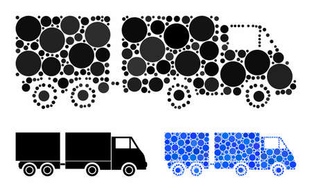 Trailer mosaic of filled circles in various sizes and color hues, based on trailer icon. Vector filled circles are organized into blue mosaic. Dotted trailer icon in usual and blue versions.のイラスト素材