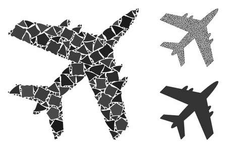 Aircraft mosaic of bumpy parts in different sizes and color tones, based on aircraft icon. Vector rugged parts are united into mosaic. Aircraft icons collage with dotted pattern.のイラスト素材