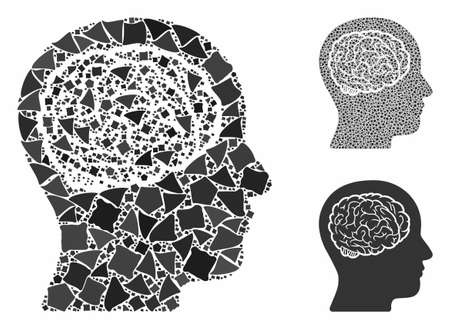 Head brain composition of rugged elements in variable sizes and color hues, based on head brain icon. Vector irregular elements are combined into collage. Head brain icons collage with dotted pattern.のイラスト素材