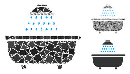 Bath shower mosaic of unequal parts in different sizes and color tints, based on bath shower icon. Vector tuberous parts are composed into collage. Bath shower icons collage with dotted pattern.のイラスト素材