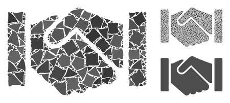 Relation handshake mosaic of rough parts in various sizes and color tones, based on relation handshake icon. Vector trembly items are united into mosaic.のイラスト素材
