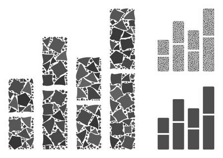 Bar charts mosaic of humpy elements in variable sizes and shades, based on bar charts icon. Vector tuberous elements are combined into mosaic. Bar charts icons collage with dotted pattern.のイラスト素材