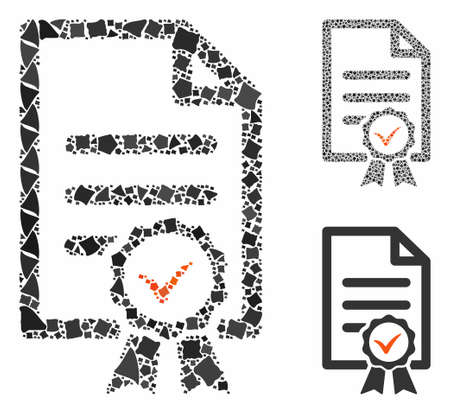Certified composition of uneven pieces in various sizes and shades, based on certified icon. Vector uneven dots are composed into composition. Certified icons collage with dotted pattern.のイラスト素材