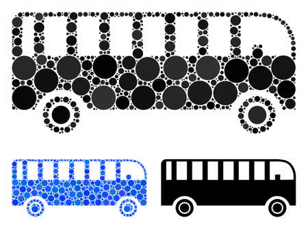 Bus mosaic of small circles in variable sizes and shades, based on bus icon. Vector small circles are organized into blue collage. Dotted bus icon in usual and blue versions.のイラスト素材