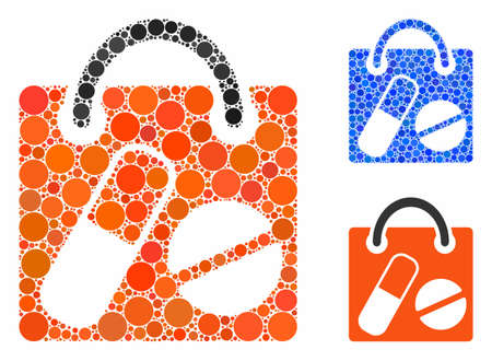 Drugs shopping bag mosaic of round dots in different sizes and color tones, based on drugs shopping bag icon. Vector round dots are combined into blue mosaic.のイラスト素材