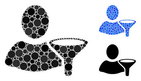 User filter mosaic of circle elements in various sizes and shades, based on user filter icon. Vector circle elements are grouped into blue collage. Dotted user filter icon in usual and blue versions.のイラスト素材