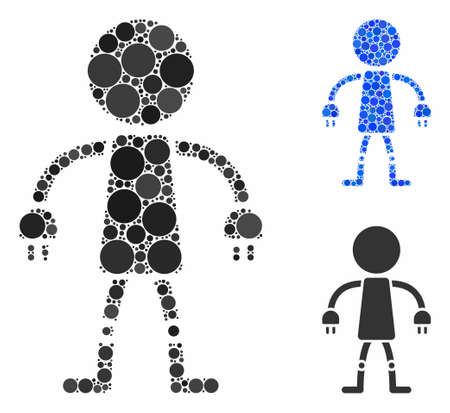 Robot mosaic of round dots in variable sizes and shades, based on robot icon. Vector round dots are combined into blue mosaic. Dotted robot icon in usual and blue versions.のイラスト素材