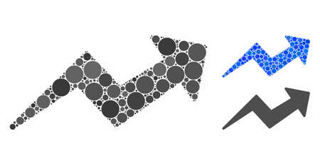 Trend up arrow mosaic of filled circles in various sizes and color hues, based on trend up arrow icon. Vector random circles are composed into blue mosaic.のイラスト素材