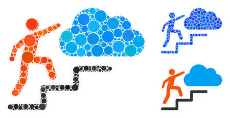 Person steps to cloud composition of small circles in various sizes and color tones, based on Person steps to cloud icon. Vector small circles are organized into blue composition.のイラスト素材