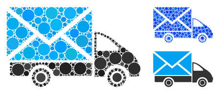 Mail delivery car composition of spheric dots in different sizes and color hues, based on mail delivery car icon. Vector round dots are composed into blue composition.のイラスト素材