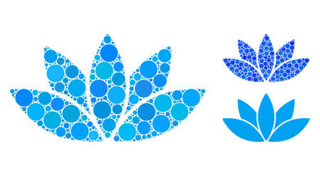 Lotus flower mosaic of circle elements in various sizes and color tints, based on lotus flower icon. Vector round elements are united into blue mosaic.のイラスト素材