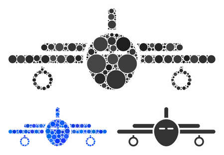 Plane composition of spheric dots in different sizes and shades, based on plane icon. Vector dots are combined into blue composition. Dotted plane icon in usual and blue versions.のイラスト素材